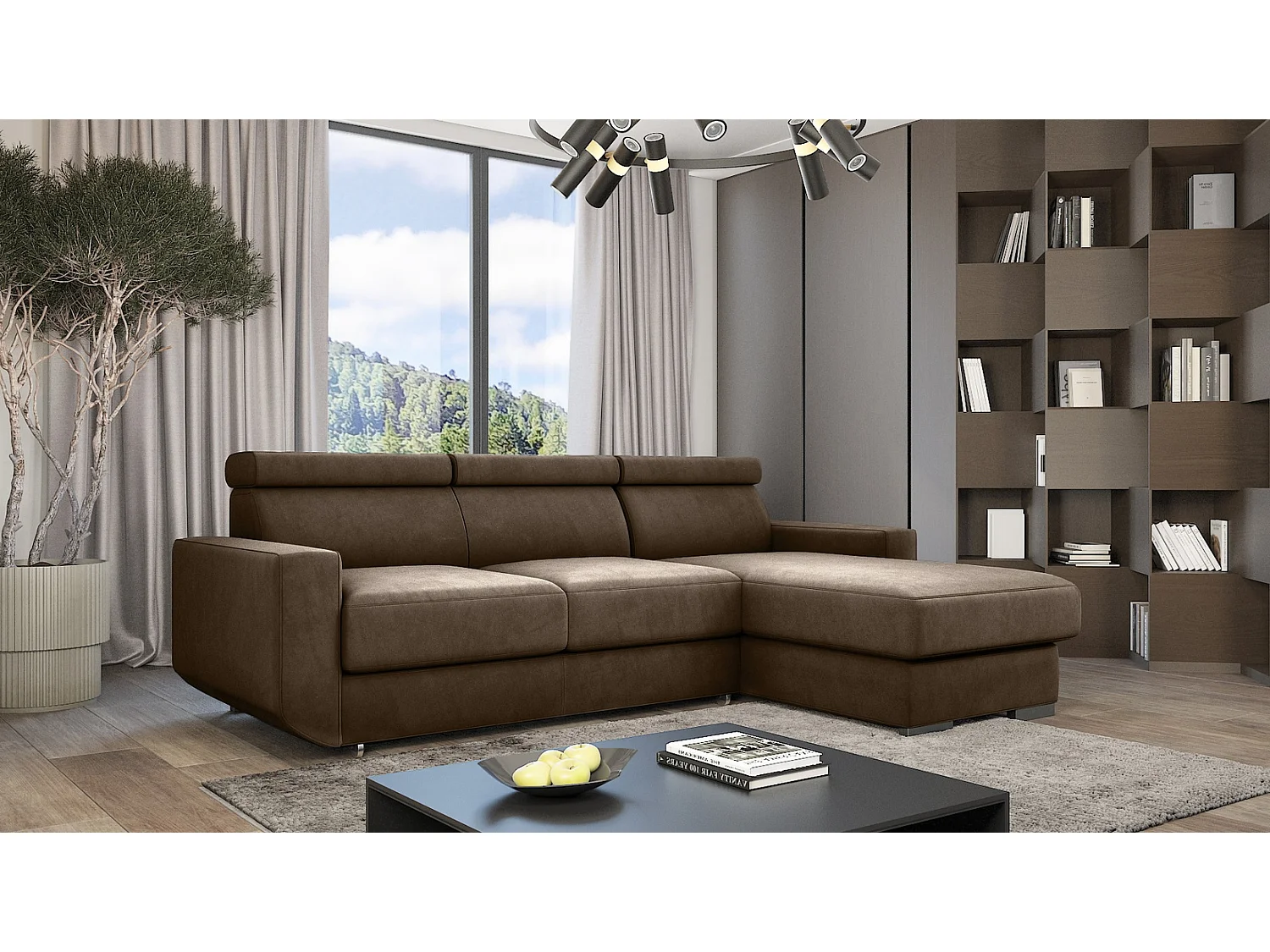 Emporius Braga rechts Hoekbank met slaapfunctie - gestoffeerde bank, sofa met bedlade bruin (Monolith 09)