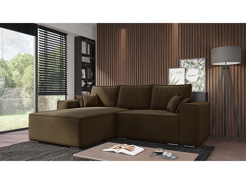 Emporius Lora Links Ecksofa mit Schlaffunktion, Sofa L-Form, Bettkasten, Samtstoff, Ecksofa 250 cm Braun (Amor Velvet 4301)