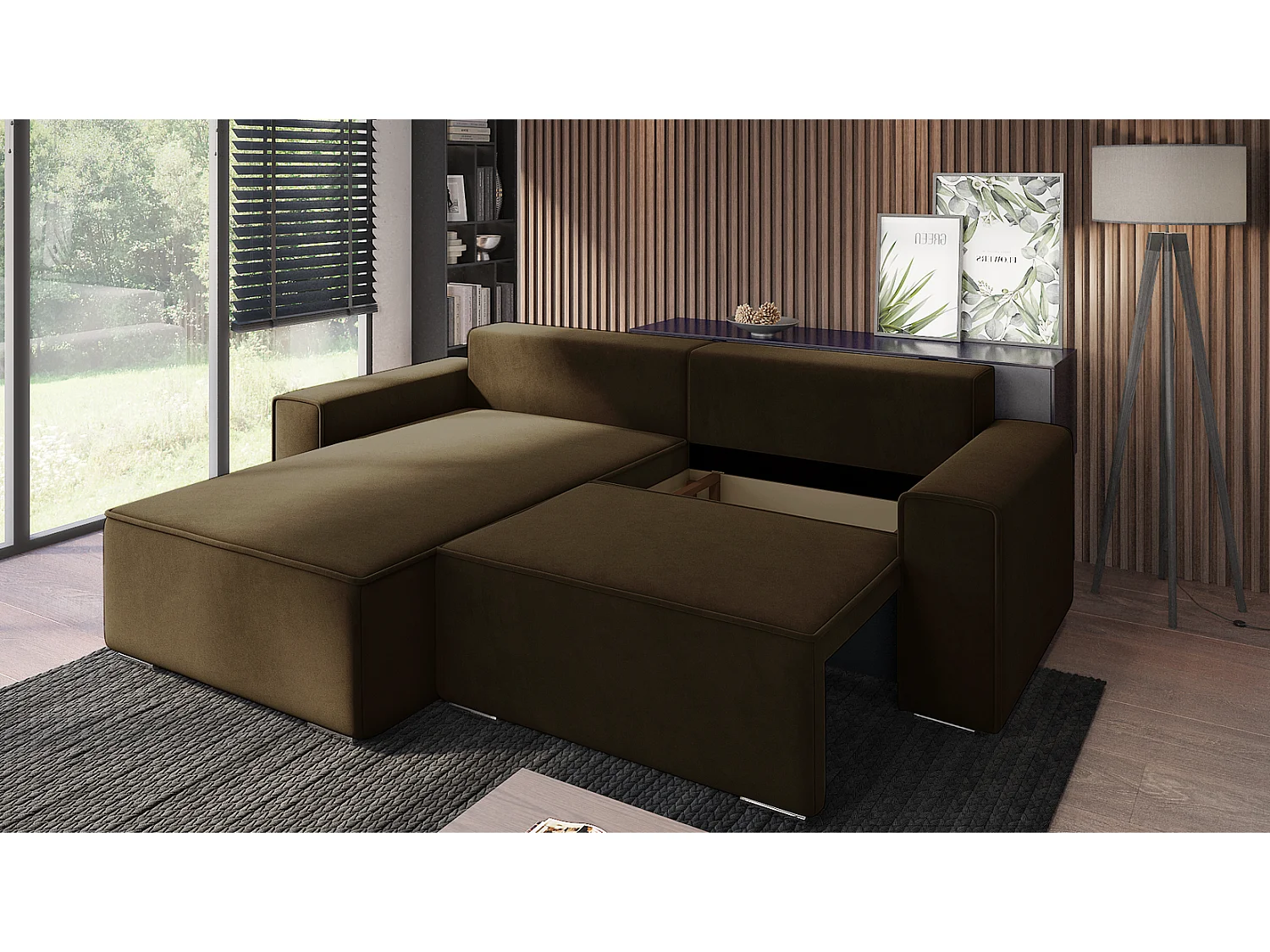 Emporius Lora links Hoekbank 250 cm, sofa met slaapfunctie en bedlade, woonkamerbank, 3-zitsbank bruin (Amor Velvet 4301)