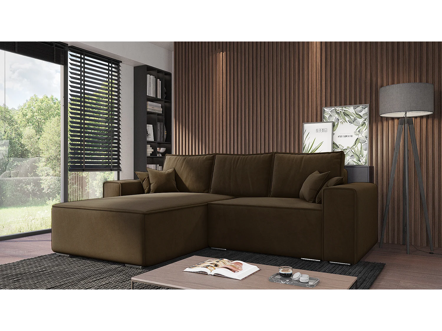 Emporius Lora links Hoekbank 250 cm, sofa met slaapfunctie en bedlade, woonkamerbank, 3-zitsbank bruin (Amor Velvet 4301)