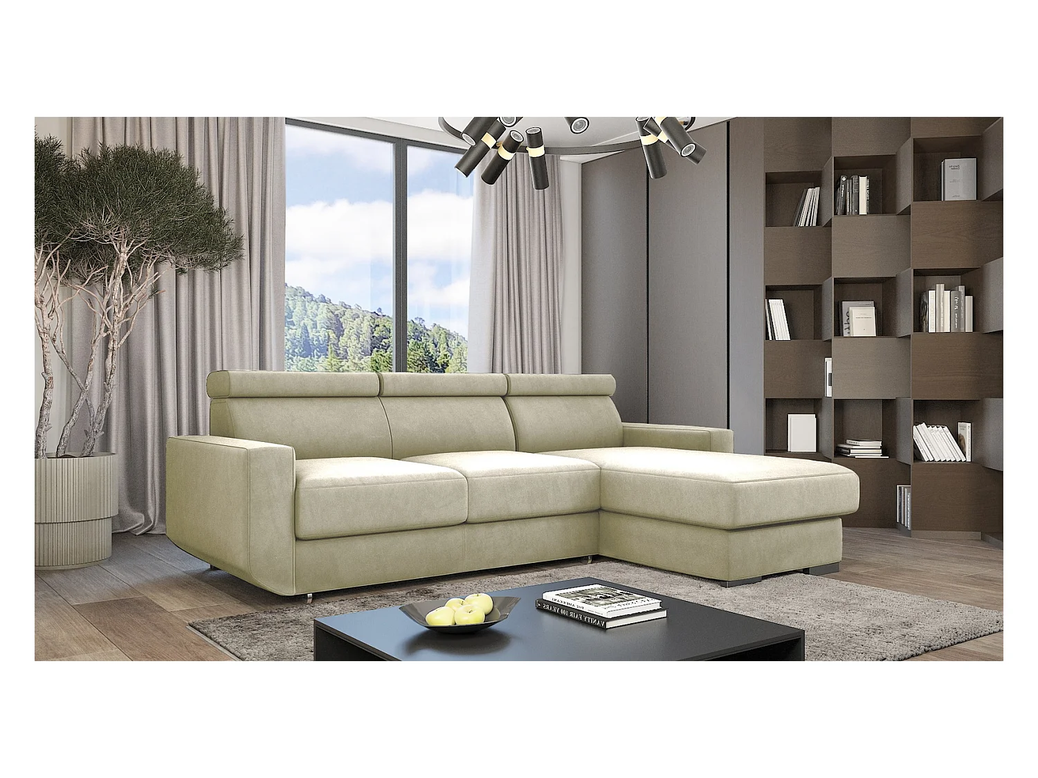 Emporius Braga Droit Canapé d'angle 3 Places Convertible, Coffre de Rangement, têtières réglables - Canapé Lit Beige (Monolith 02)