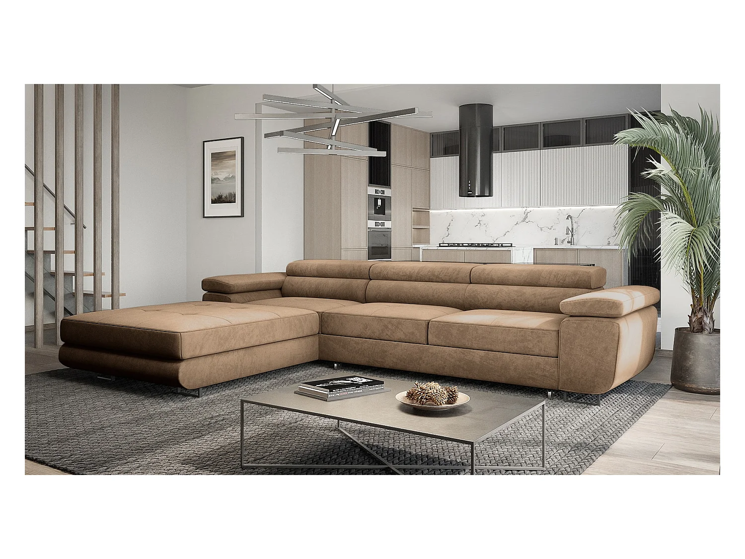 Emporius Sorlo Twin Gauche Canapé d'angle 280 cm, Coffre de Rangement, têtières réglables - Canapé d'angle Convertible Brun (Monolith 09)