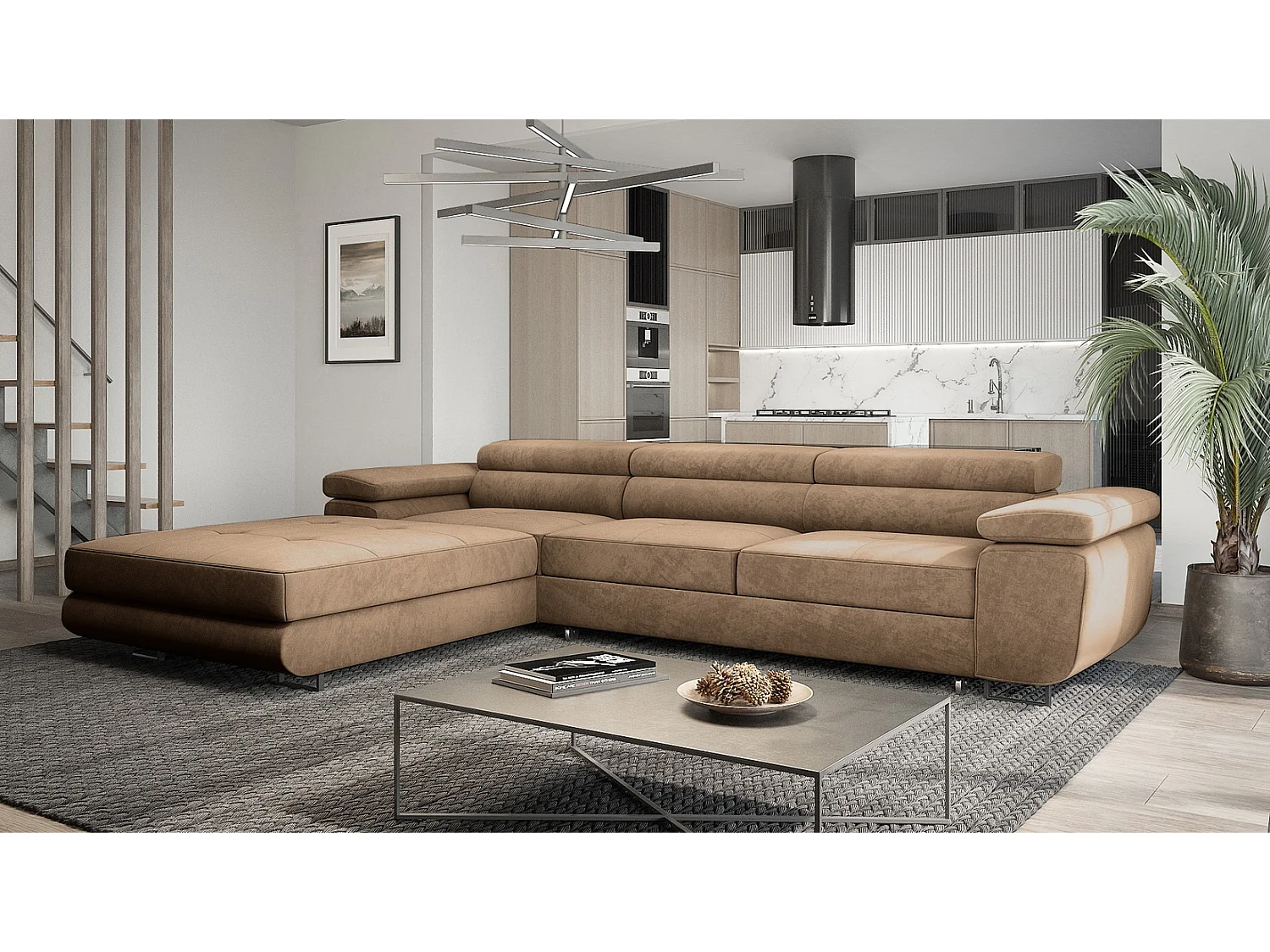 Emporius Sorlo Twin Gauche Canapé d'angle 280 cm, Coffre de Rangement, têtières réglables - Canapé d'angle Convertible Brun (Monolith 09)