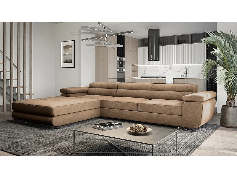 Emporius Sorlo Twin narożnik z regulowanymi zagłówkami - narożnik z pojemnikiem - funkcja spania, sofa 280 cm, lewostronny, tkanina aksamitna, brązowy (Monolith 09)