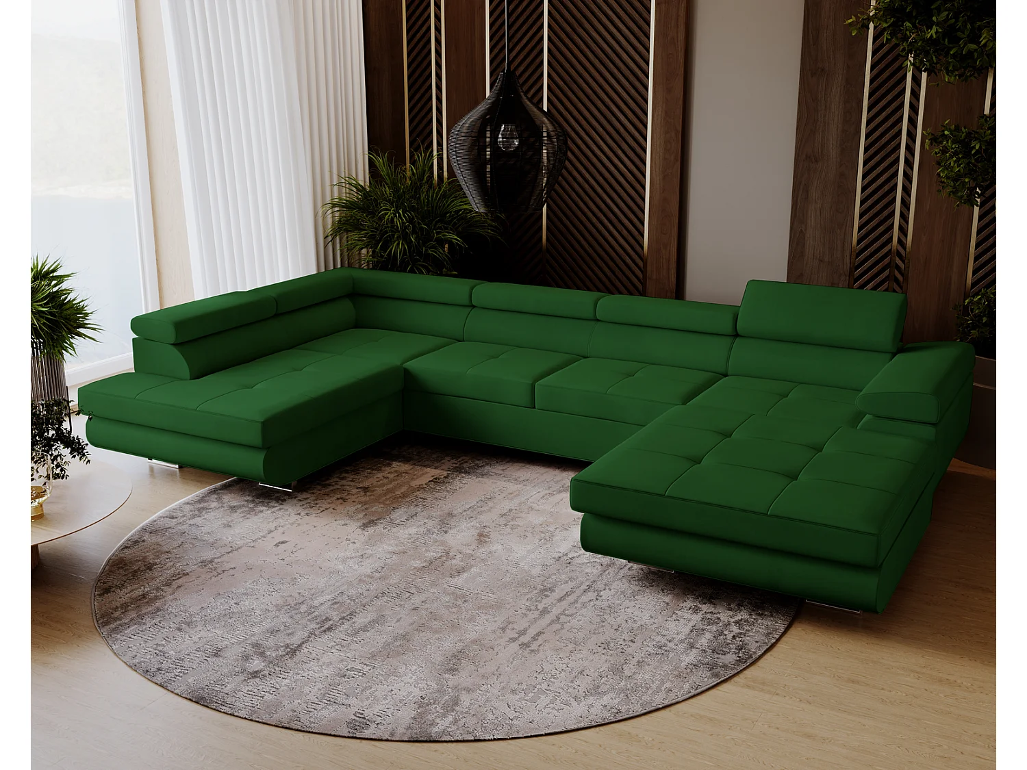 Emporius Sorlo U Links Ecksofa U-Form, Eckcouch mit Schlaffunktion, Bettkasten - Grün (Amor Velvet 4311)