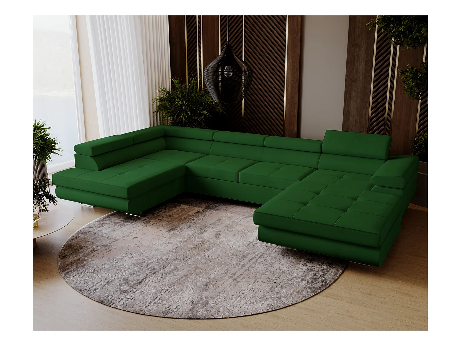 Emporius Sorlo U Gauche Canapé d'angle Convertible, Canapé avec Coffre de Rangement, têtières réglables - Canapé d'angle U Vert (Amor Velvet 4311)