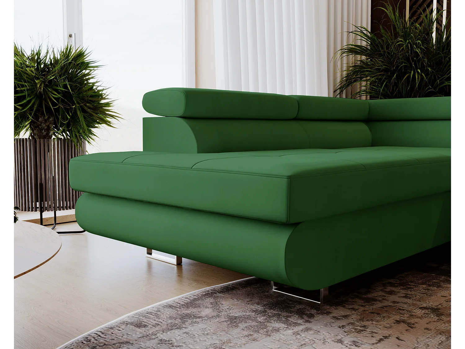 Emporius Sorlo U duży narożnik do salonu - funkcja spania, pojemnik, regulowane zagłówki - lewostronny, tkanina aksamitna, zielony (Amor Velvet 4311)