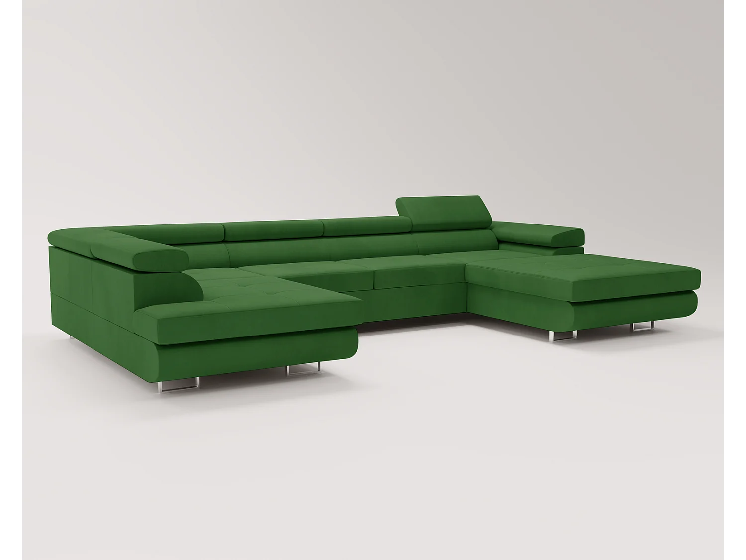 Emporius Sorlo U duży narożnik do salonu - funkcja spania, pojemnik, regulowane zagłówki - lewostronny, tkanina aksamitna, zielony (Amor Velvet 4311)