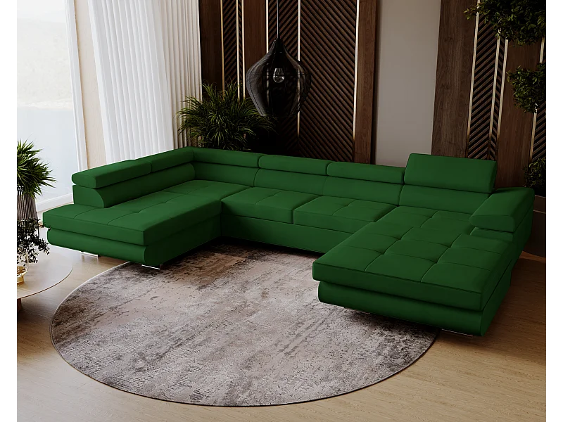 Emporius Sorlo U duży narożnik do salonu - funkcja spania, pojemnik, regulowane zagłówki - lewostronny, tkanina aksamitna, zielony (Amor Velvet 4311)