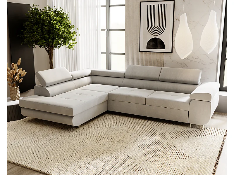 Emporius Sorlo Links Ecksofa mit Schlaffunktion - Eckcouch mit Bettkasten, Sofa L-Form Hellgrau (Amor Velvet 4318)