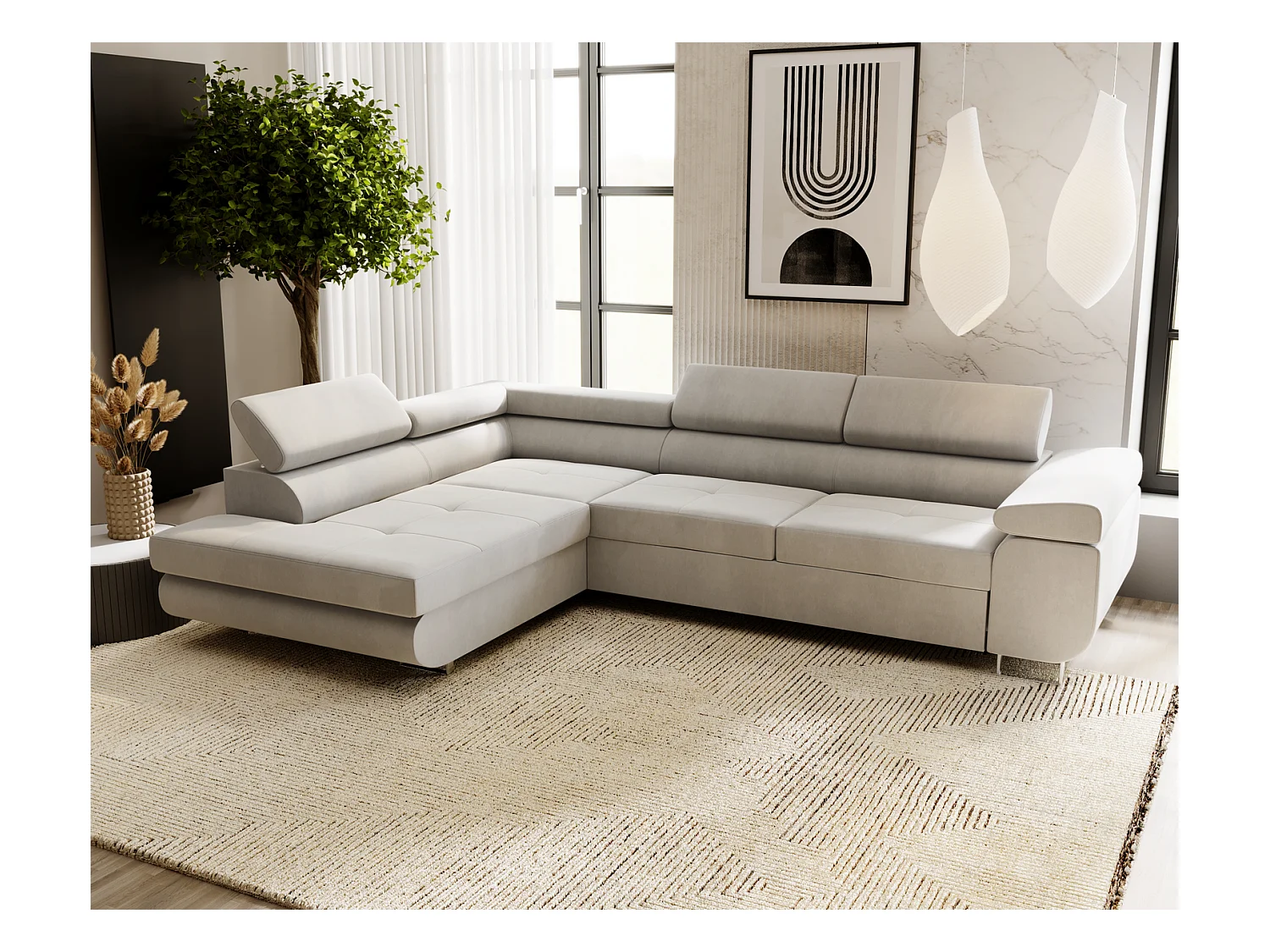 Emporius Sorlo Gauche Canapé d'angle avec Coffre de Rangement, têtières réglables - Canapé d'angle Convertible Gris clair (Amor Velvet 4318)