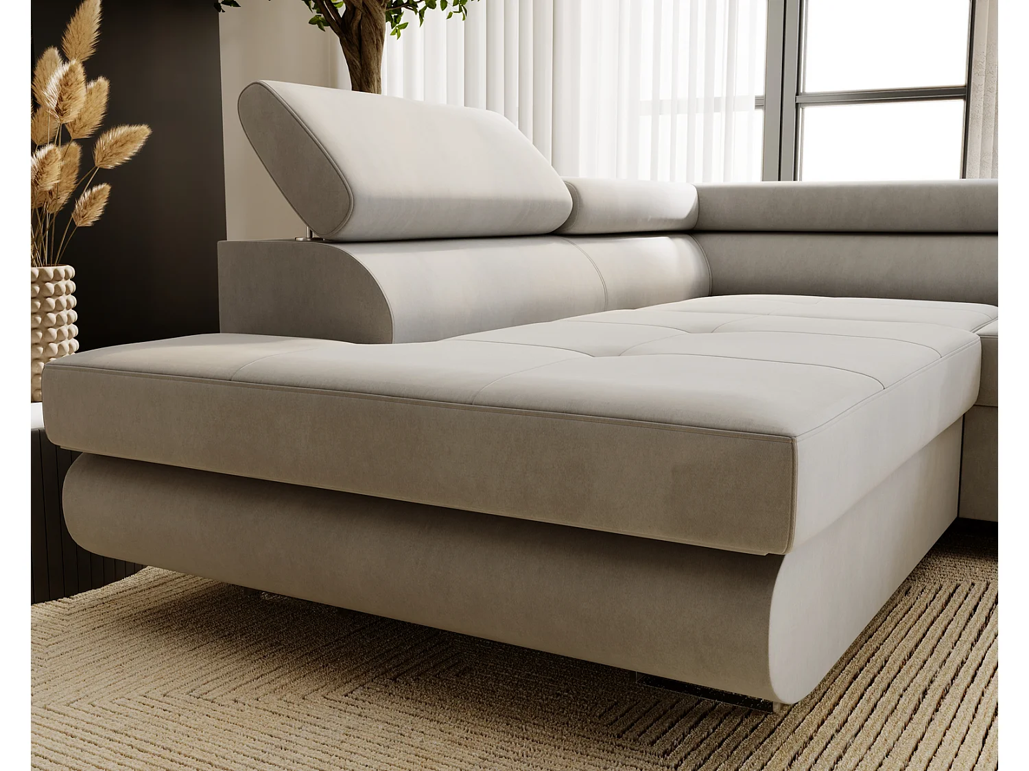 Emporius Sorlo Gauche Canapé d'angle avec Coffre de Rangement, têtières réglables - Canapé d'angle Convertible Gris clair (Amor Velvet 4318)