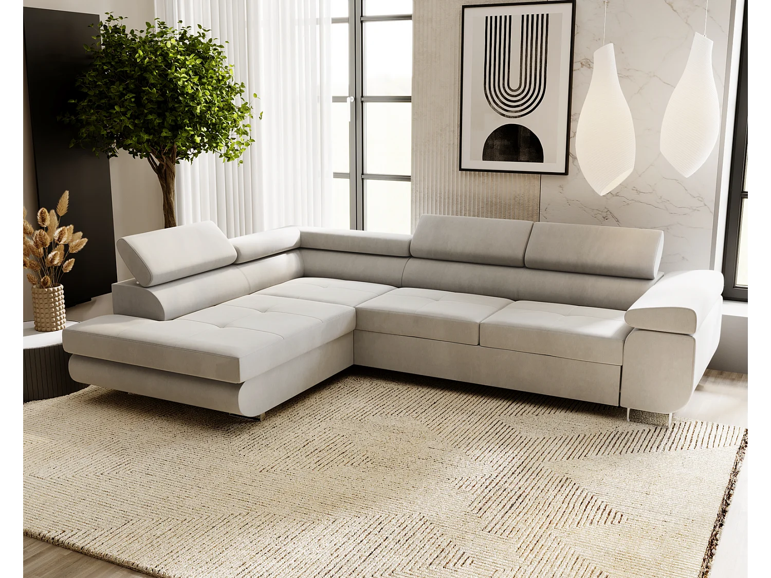 Emporius Sorlo narożnik z funkcją spania i pojemnikiem - regulowane zagłówki, lewostronny, tkanina aksamitna, jasny szary (Amor Velvet 4318)