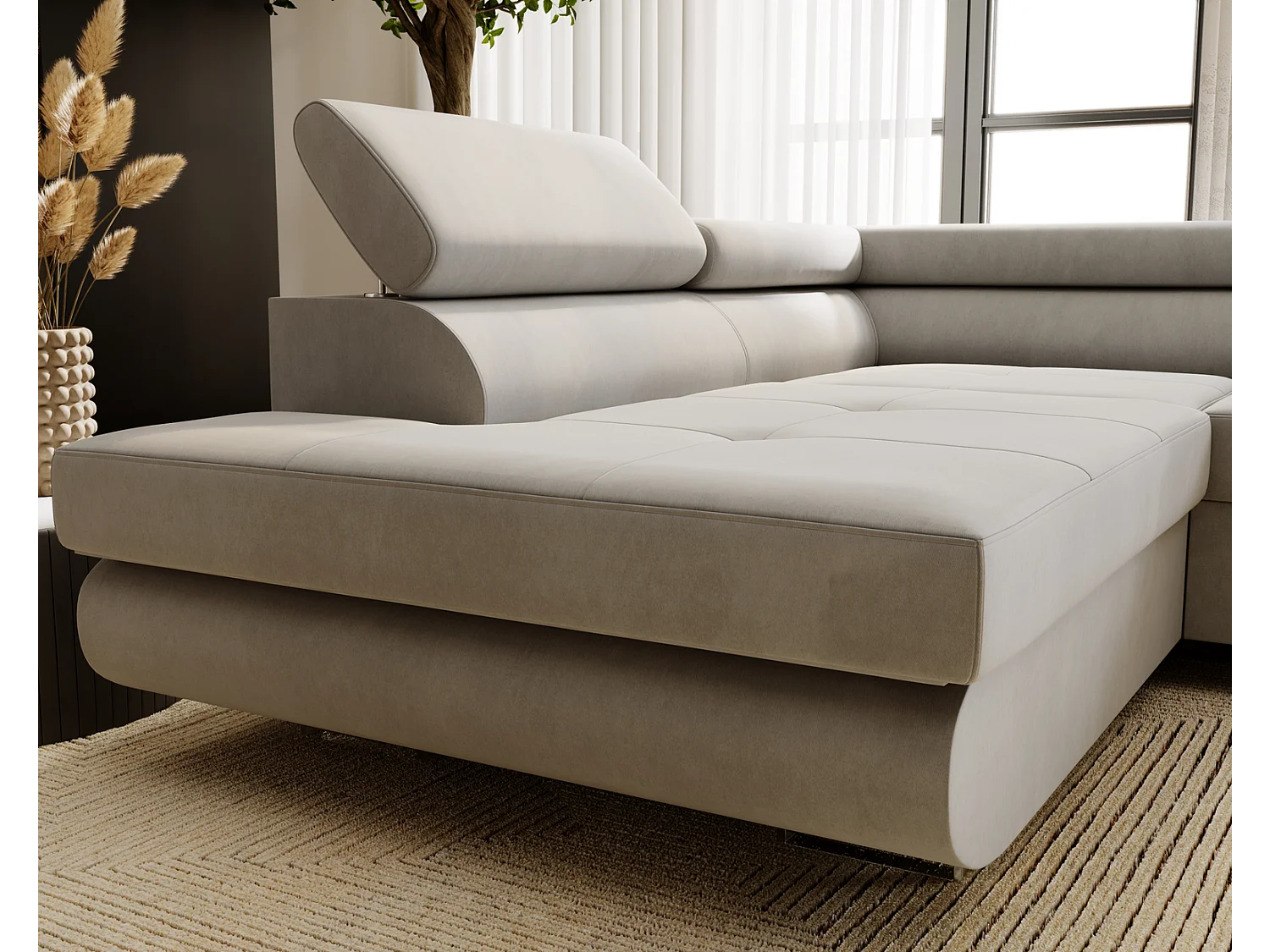 Emporius Sorlo narożnik z funkcją spania i pojemnikiem - regulowane zagłówki, lewostronny, tkanina aksamitna, jasny szary (Amor Velvet 4318)