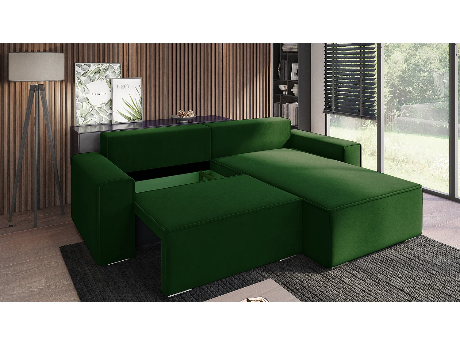 Emporius Lora Droit Canapé d'angle avec Coffre de Rangement - Canapé d'angle Convertible Vert (Amor Velvet 4311)