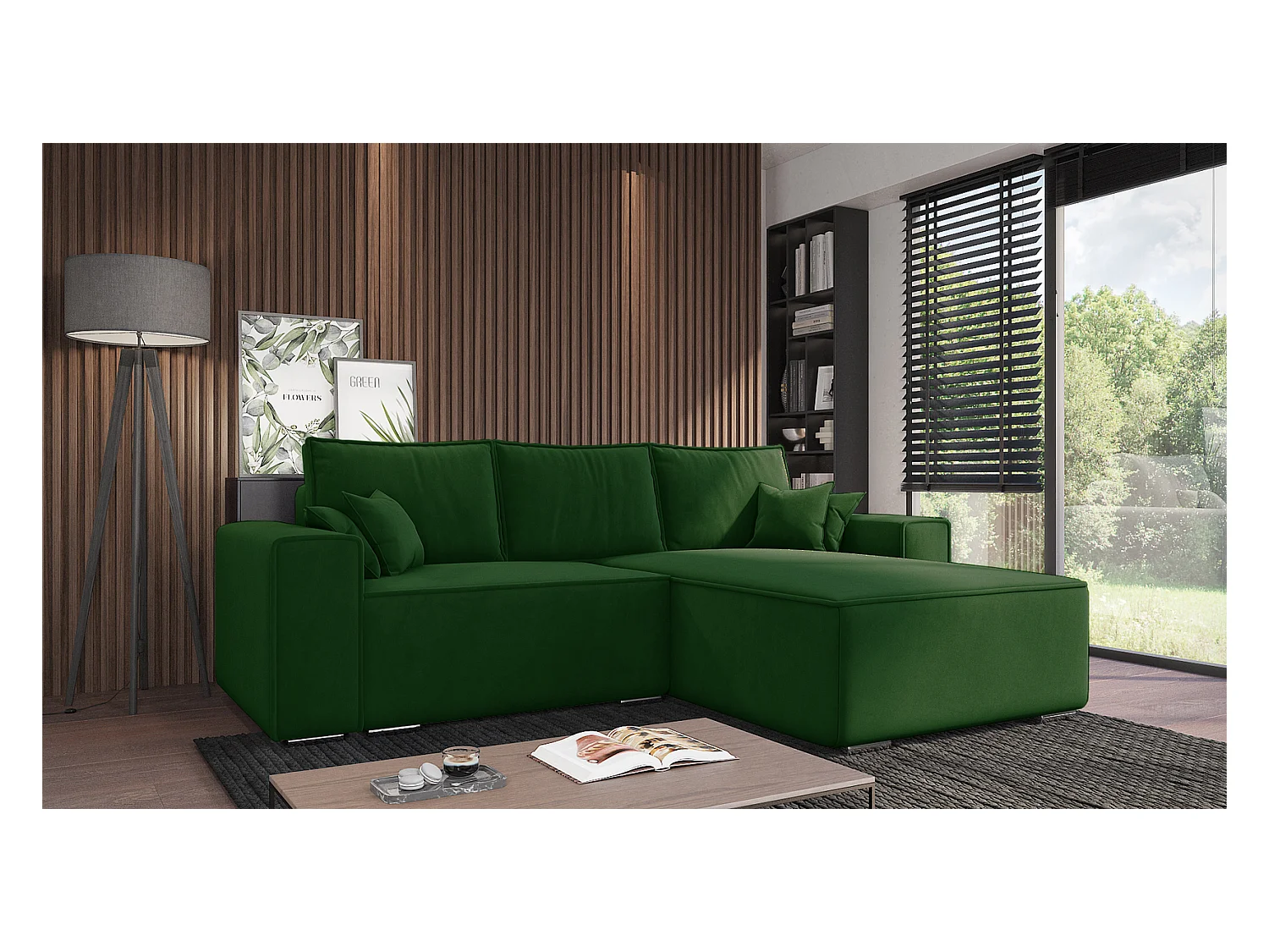 Emporius Lora Droit Canapé d'angle avec Coffre de Rangement - Canapé d'angle Convertible Vert (Amor Velvet 4311)