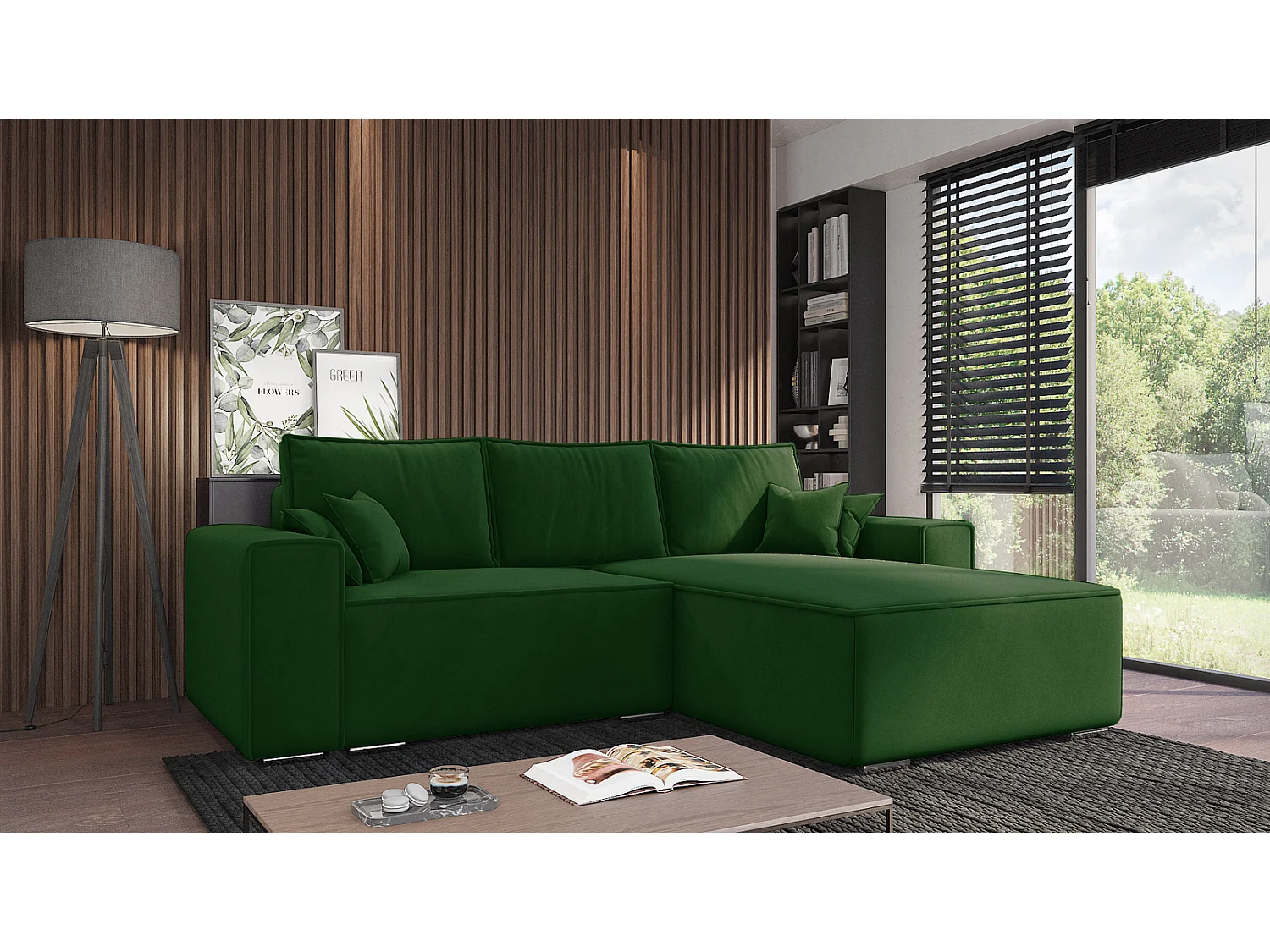 Emporius Lora rechts Hoekbank 250 cm, sofa met slaapfunctie en bedlade, woonkamerbank, 3-zitsbank groen (Amor Velvet 4311)