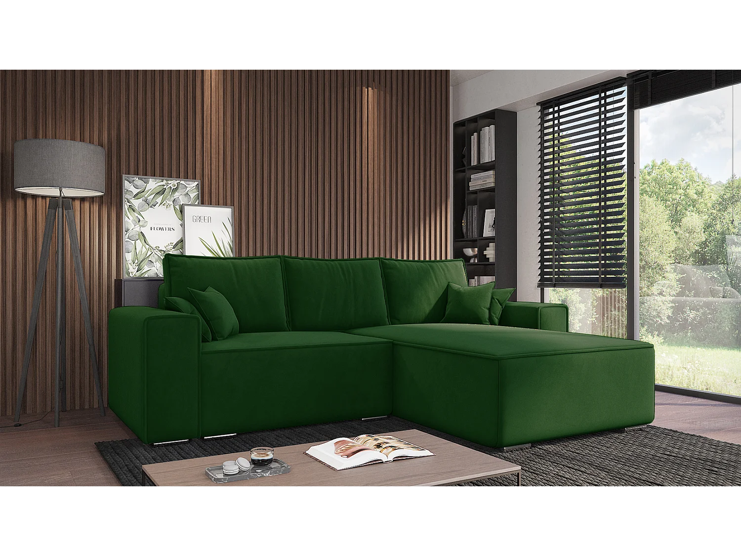 Emporius Lora rechts Hoekbank 250 cm, sofa met slaapfunctie en bedlade, woonkamerbank, 3-zitsbank groen (Amor Velvet 4311)