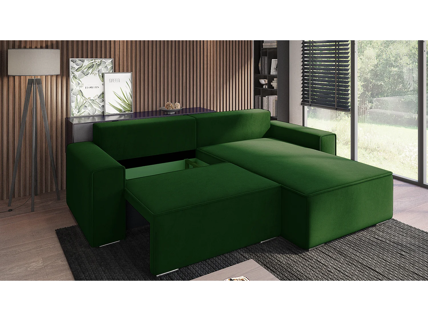 Emporius Lora rechts Hoekbank 250 cm, sofa met slaapfunctie en bedlade, woonkamerbank, 3-zitsbank groen (Amor Velvet 4311)
