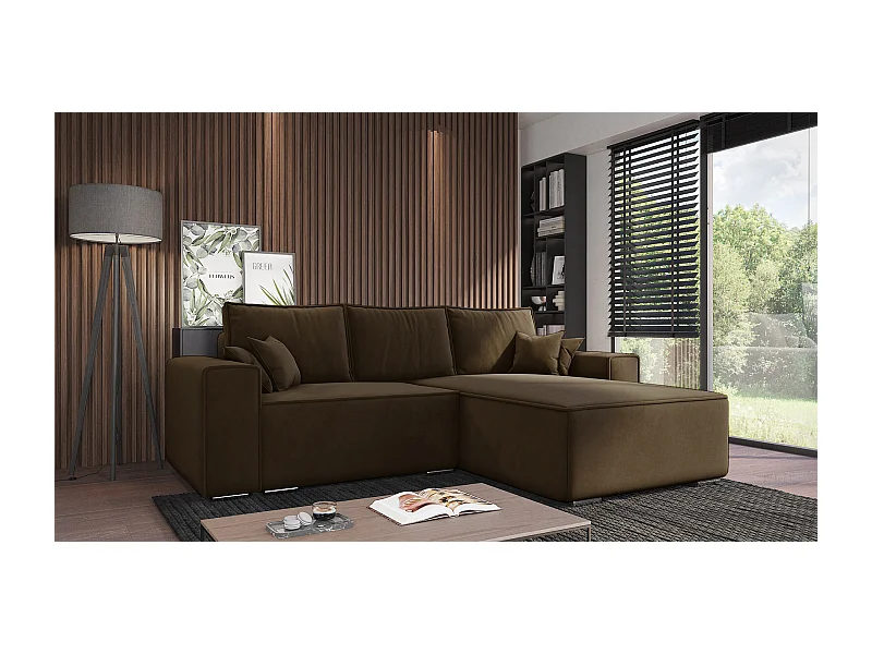 Emporius Lora Rechts Ecksofa mit Schlaffunktion, Sofa L-Form, Bettkasten, Samtstoff, Ecksofa 250 cm Braun (Amor Velvet 4301)