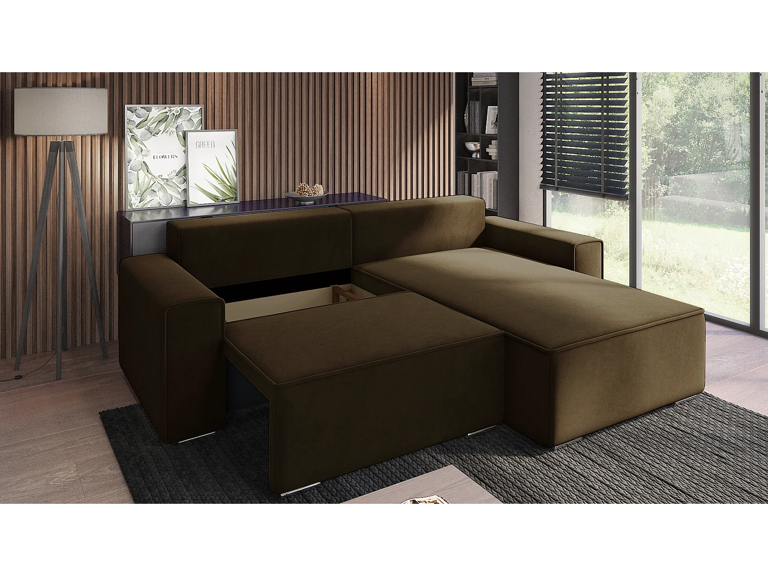 Emporius Lora Droit Canapé d'angle avec Coffre de Rangement - Canapé d'angle Convertible Brun (Amor Velvet 4301)