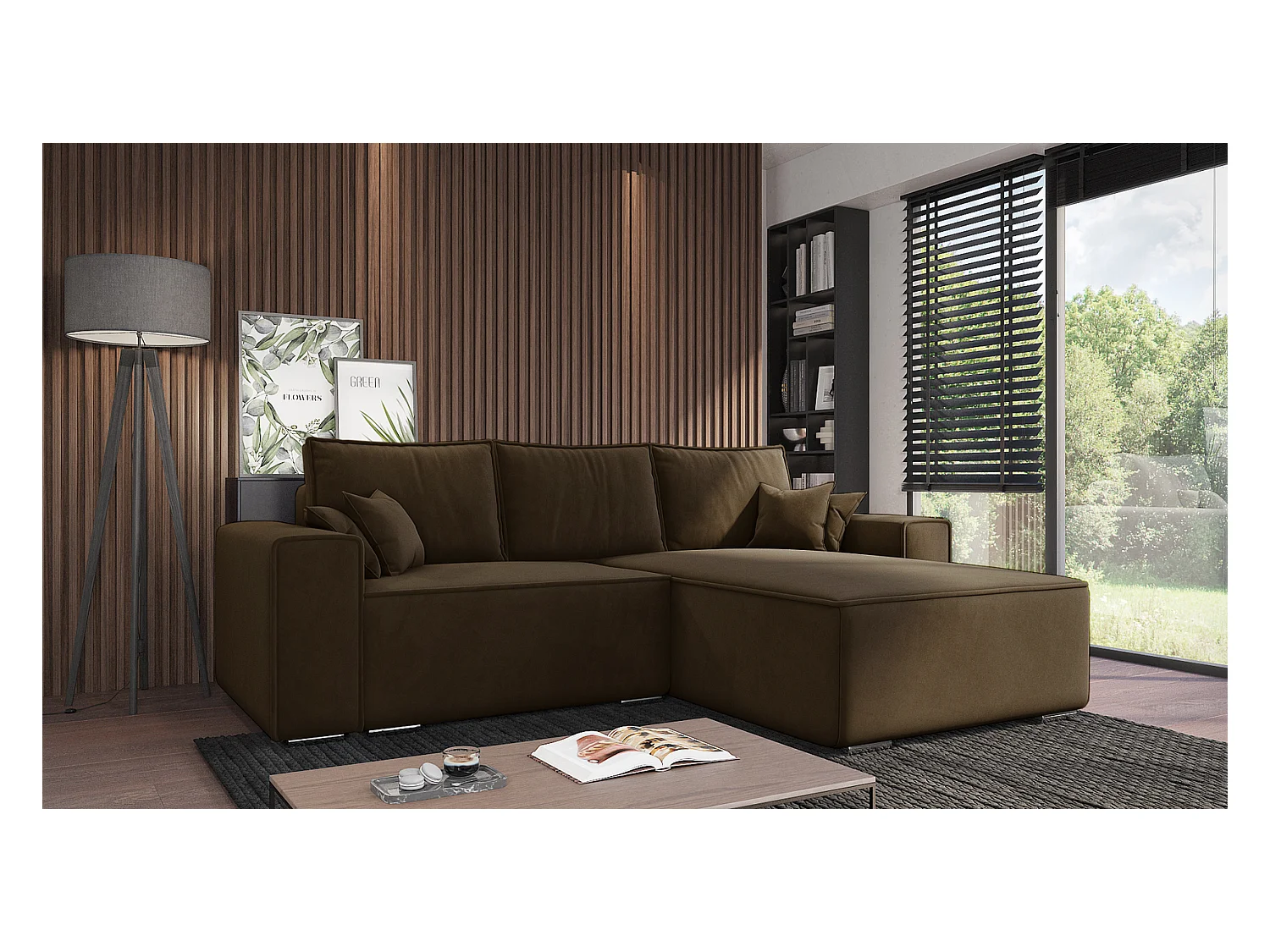 Emporius Lora Droit Canapé d'angle avec Coffre de Rangement - Canapé d'angle Convertible Brun (Amor Velvet 4301)