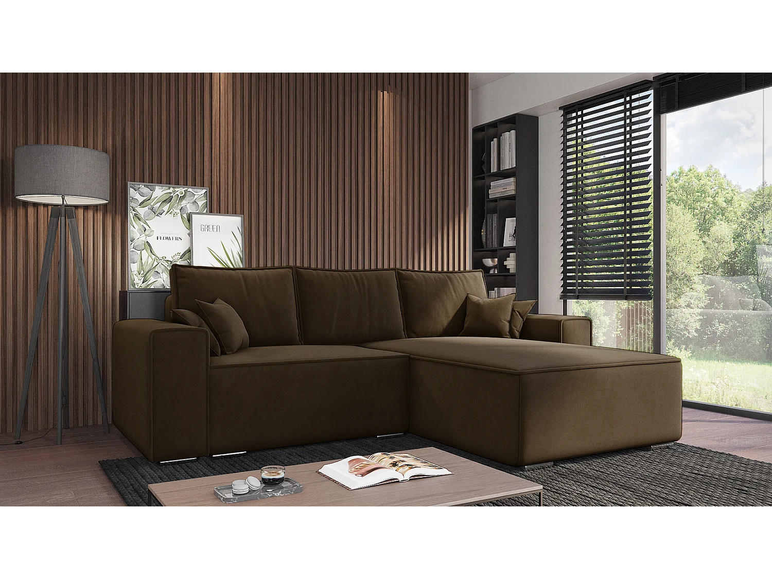 Emporius Lora rechts Hoekbank 250 cm, sofa met slaapfunctie en bedlade, woonkamerbank, 3-zitsbank bruin (Amor Velvet 4301)