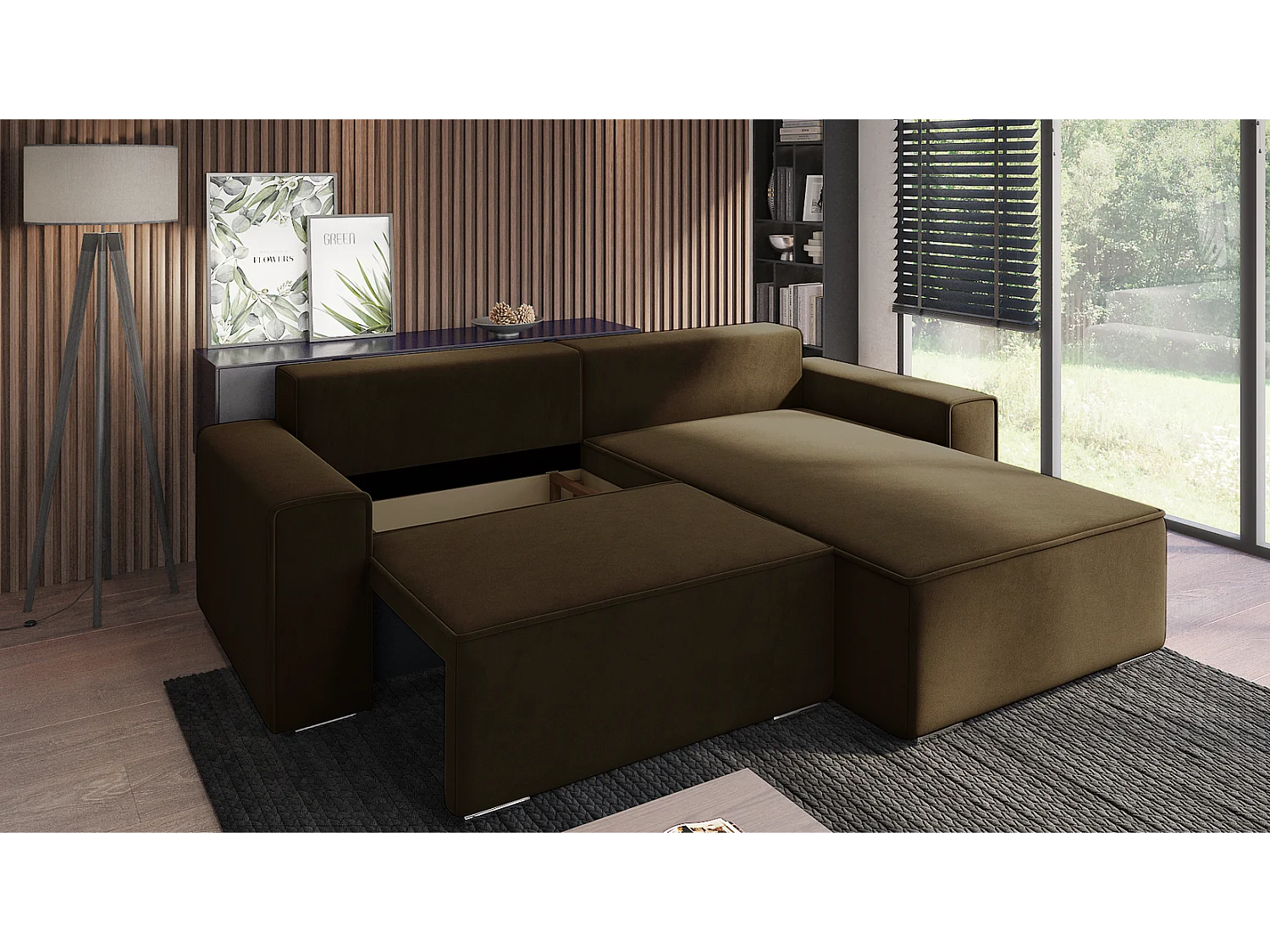 Emporius Lora narożnik rozkładany - narożnik z funkcją spania i pojemnikiem - nowoczesny styl, prawostronny, tkanina aksamitna, brązowy (Amor Velvet 4301)