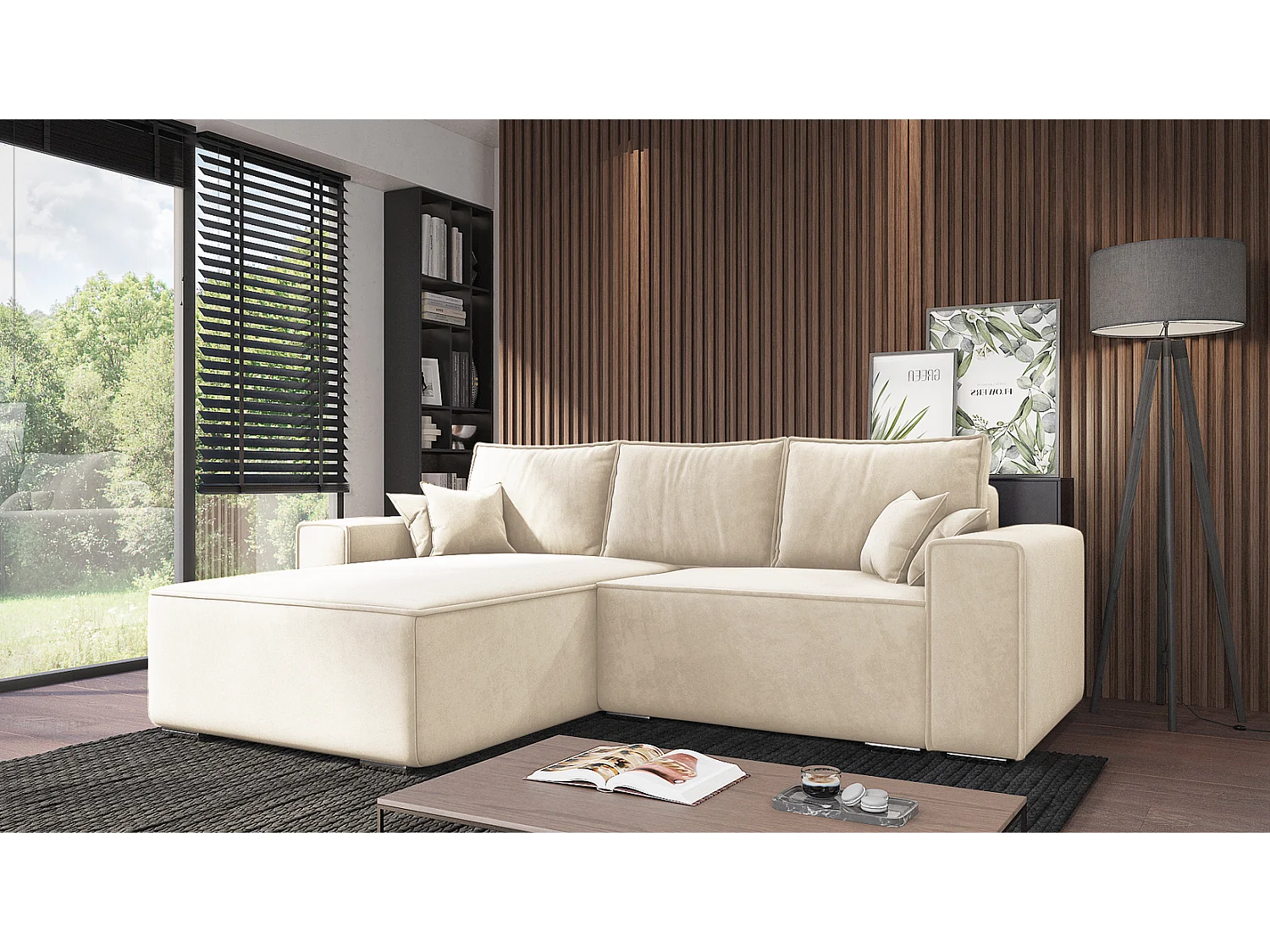 Emporius Lora links Hoekbank 250 cm, sofa met slaapfunctie en bedlade, woonkamerbank, 3-zitsbank crème (Amor Velvet 4323)