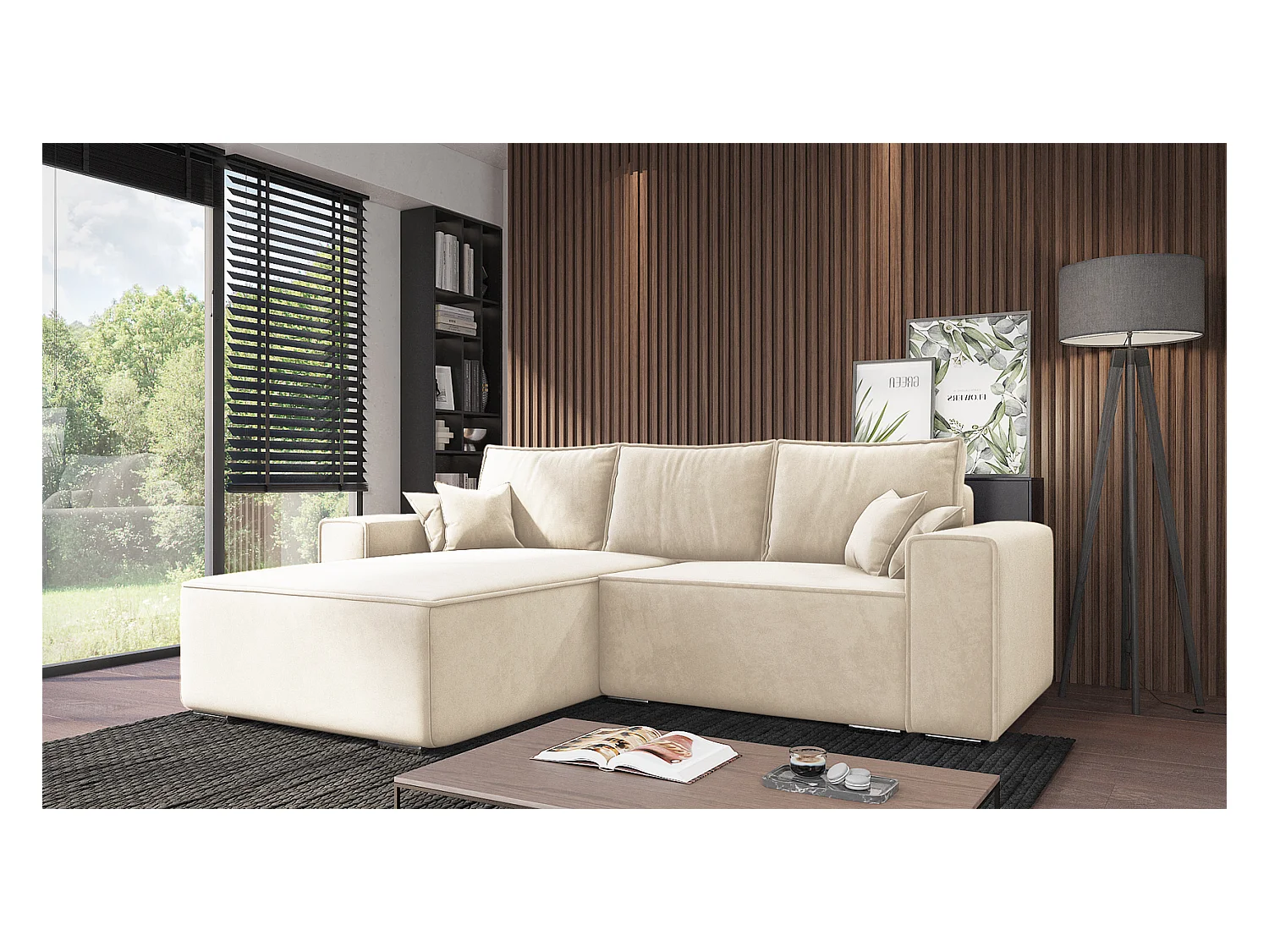 Emporius Lora Gauche Canapé d'angle avec Coffre de Rangement - Canapé d'angle Convertible Vanille (Amor Velvet 4323)