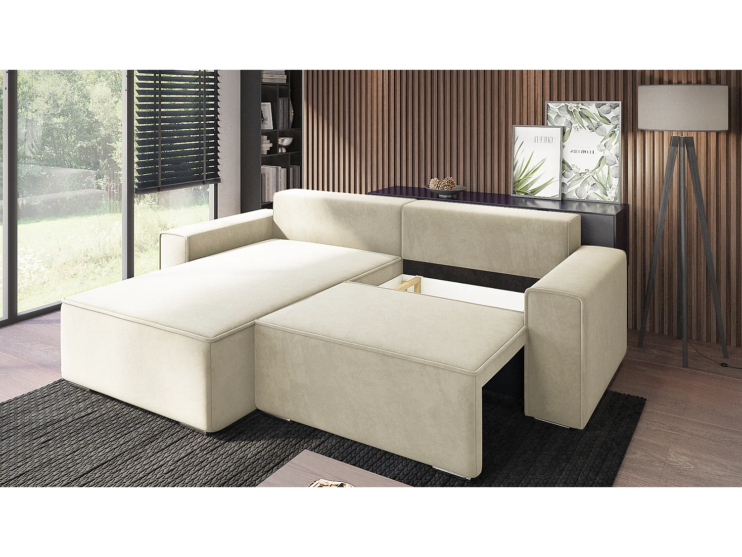 Emporius Lora Gauche Canapé d'angle avec Coffre de Rangement - Canapé d'angle Convertible Vanille (Amor Velvet 4323)