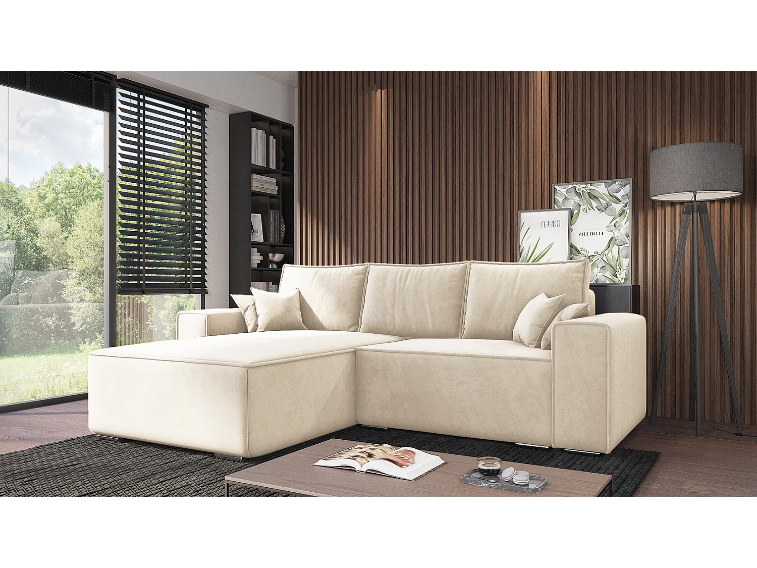Emporius Lora links Hoekbank 250 cm, sofa met slaapfunctie en bedlade, woonkamerbank, 3-zitsbank crème (Amor Velvet 4323)