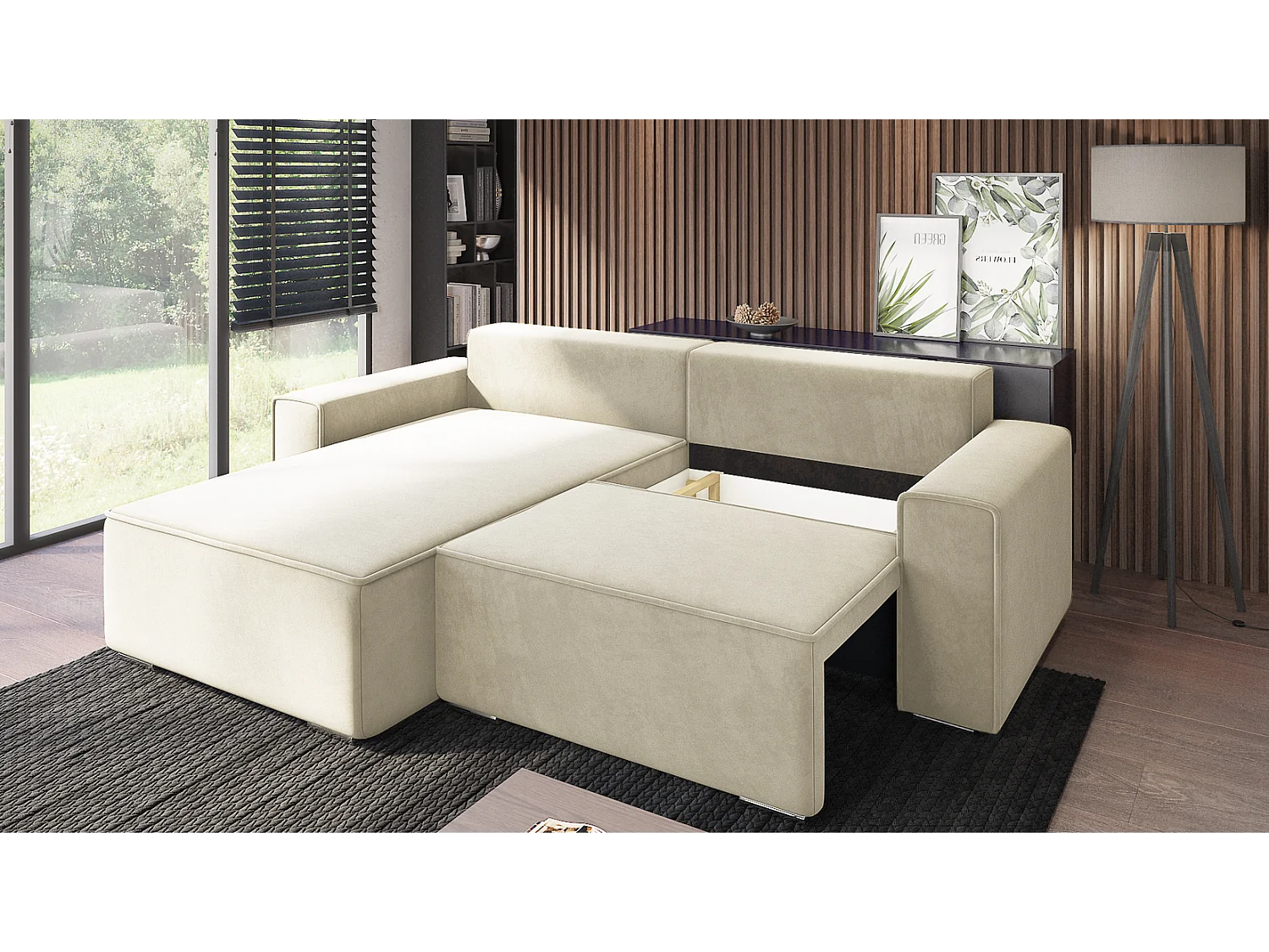 Emporius Lora links Hoekbank 250 cm, sofa met slaapfunctie en bedlade, woonkamerbank, 3-zitsbank crème (Amor Velvet 4323)