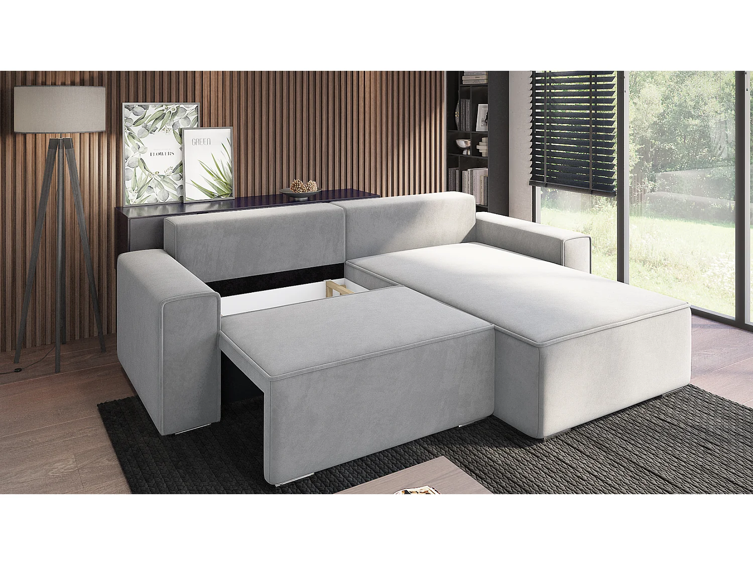 Emporius Lora Droit Canapé d'angle avec Coffre de Rangement - Canapé d'angle Convertible Gris clair (Amor Velvet 4318)