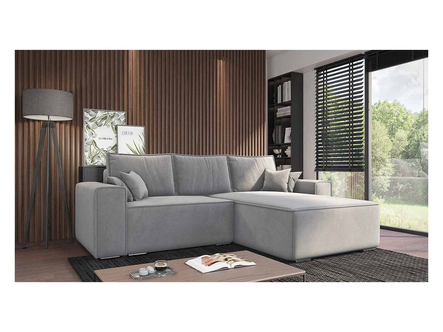 Emporius Lora Droit Canapé d'angle avec Coffre de Rangement - Canapé d'angle Convertible Gris clair (Amor Velvet 4318)