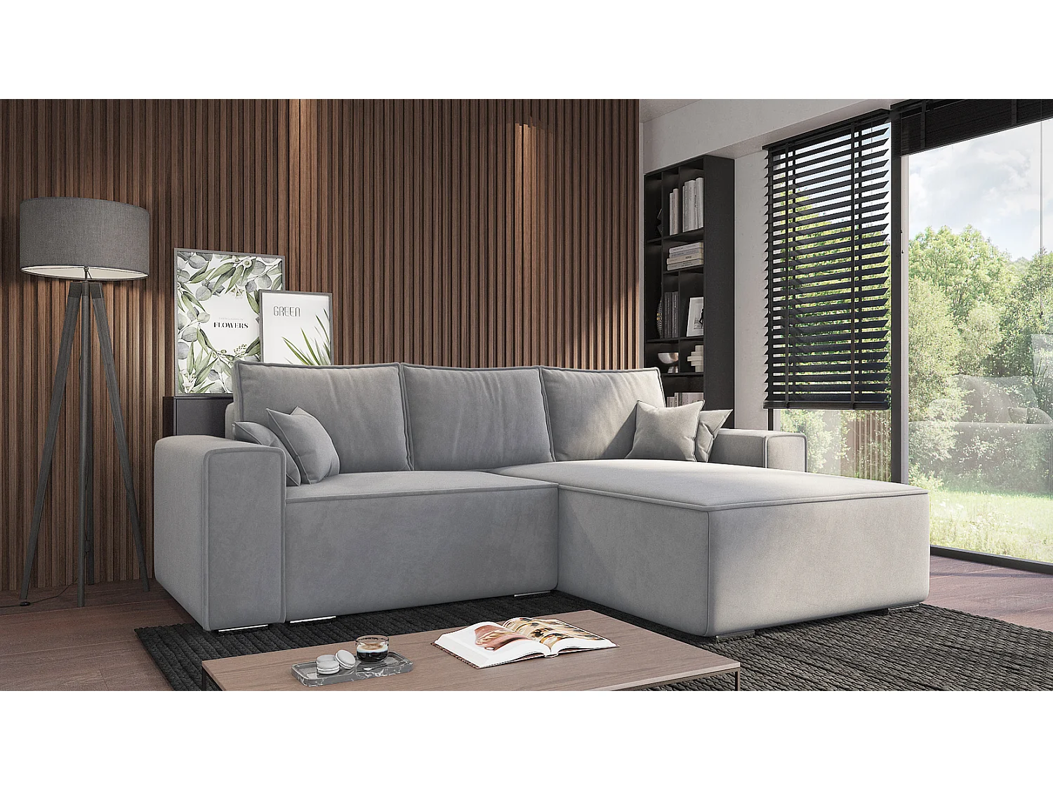 Emporius Lora Droit Canapé d'angle avec Coffre de Rangement - Canapé d'angle Convertible Gris clair (Amor Velvet 4318)