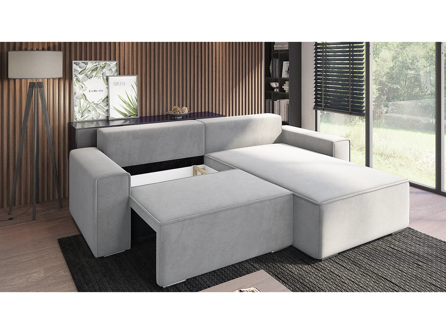 Emporius Lora narożnik rozkładany - narożnik z funkcją spania i pojemnikiem - nowoczesny styl, prawostronny, tkanina aksamitna, jasny szary (Amor Velvet 4318)