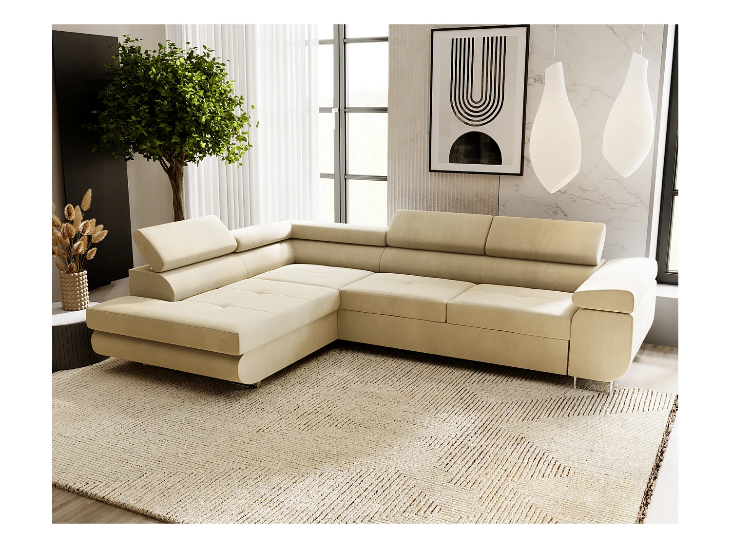 Emporius Sorlo Gauche Canapé d'angle avec Coffre de Rangement, têtières réglables - Canapé d'angle Convertible Vanille (Amor Velvet 4323)