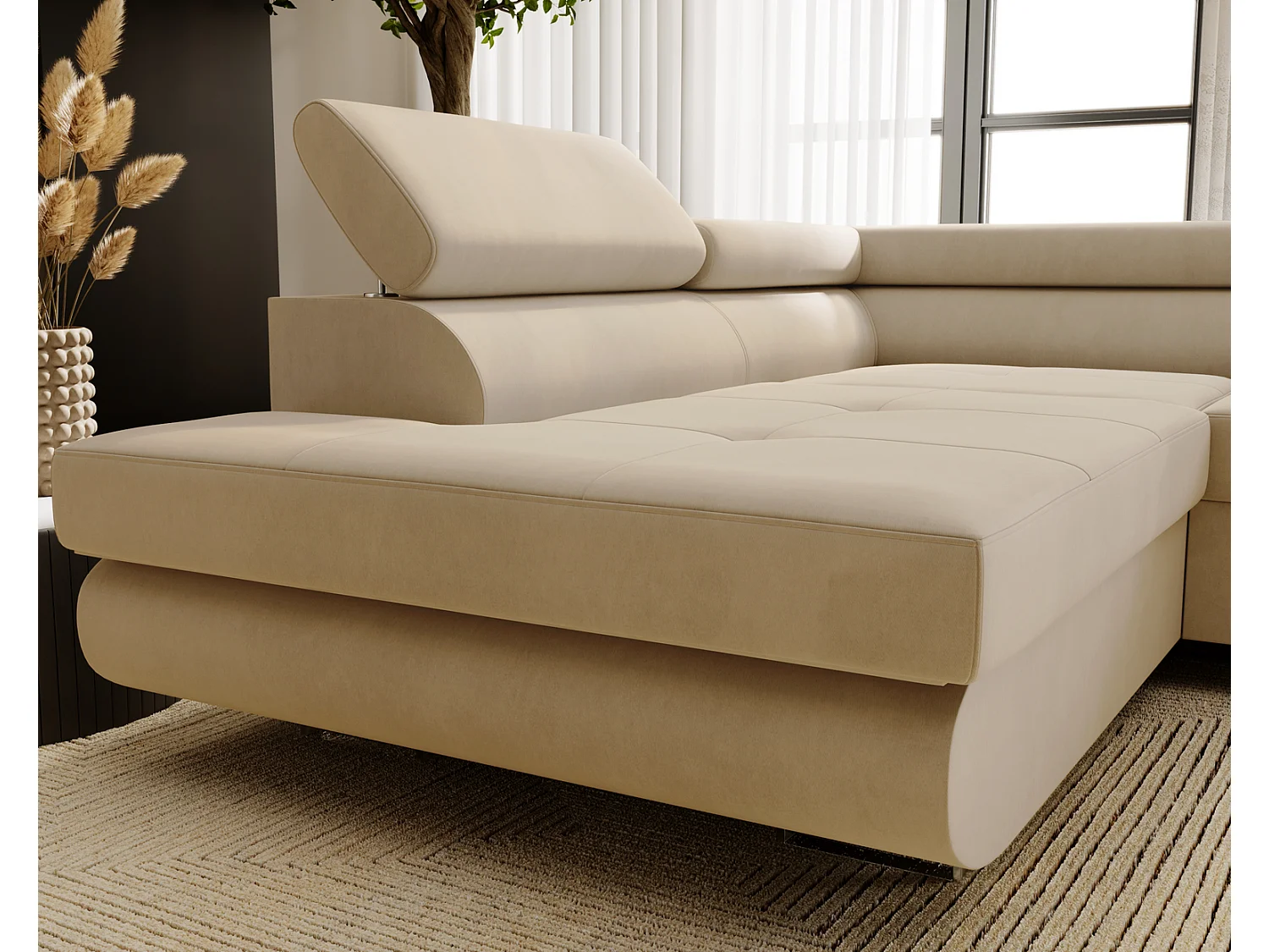 Emporius Sorlo Gauche Canapé d'angle avec Coffre de Rangement, têtières réglables - Canapé d'angle Convertible Vanille (Amor Velvet 4323)