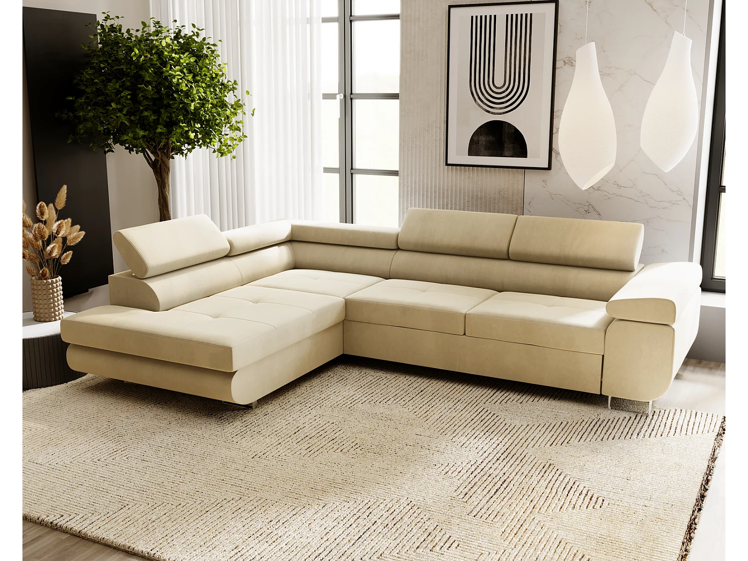 Emporius Sorlo narożnik z funkcją spania i pojemnikiem - regulowane zagłówki, lewostronny, tkanina aksamitna, wanilia (Amor Velvet 4323)