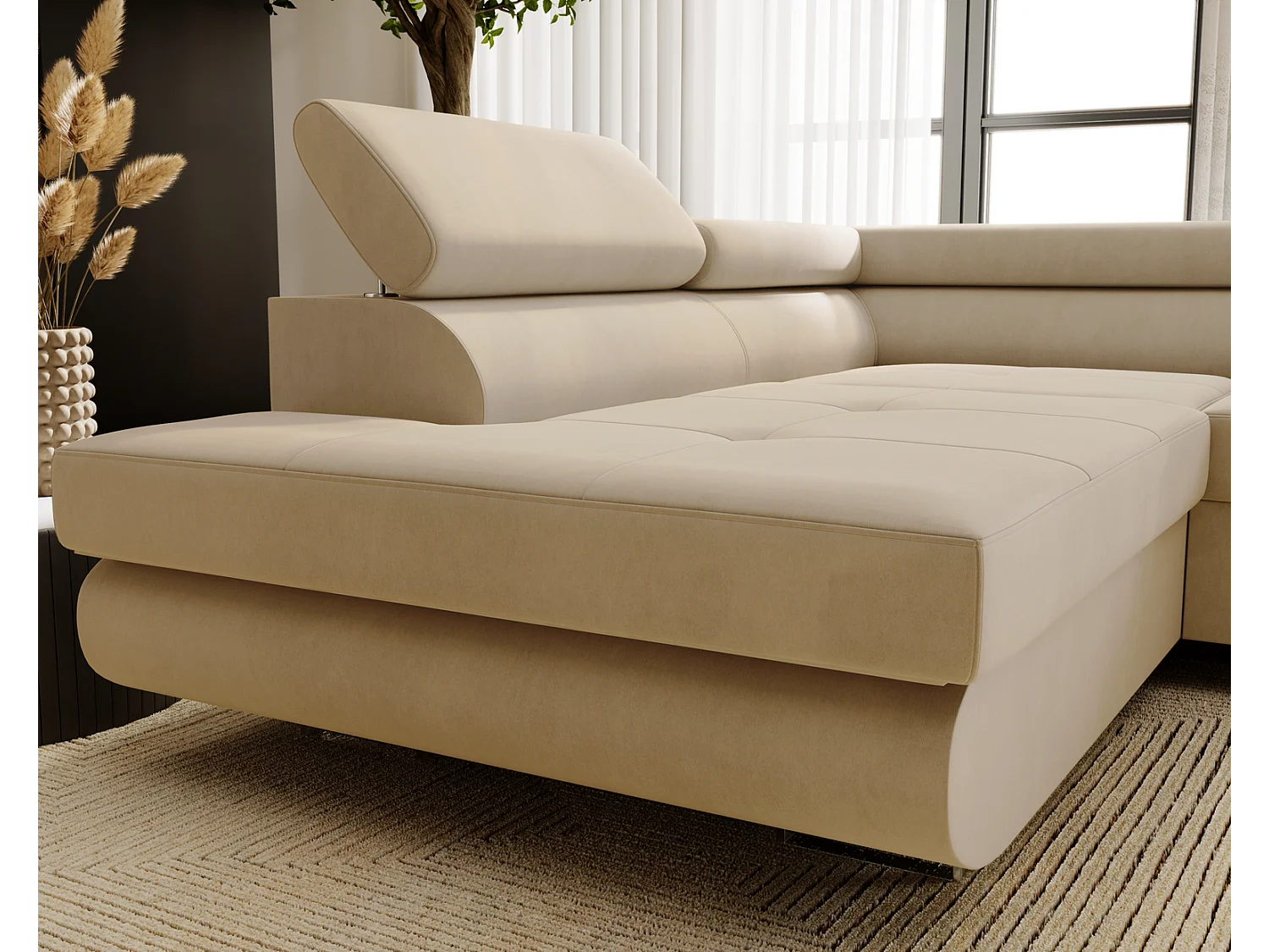 Emporius Sorlo narożnik z funkcją spania i pojemnikiem - regulowane zagłówki, lewostronny, tkanina aksamitna, wanilia (Amor Velvet 4323)