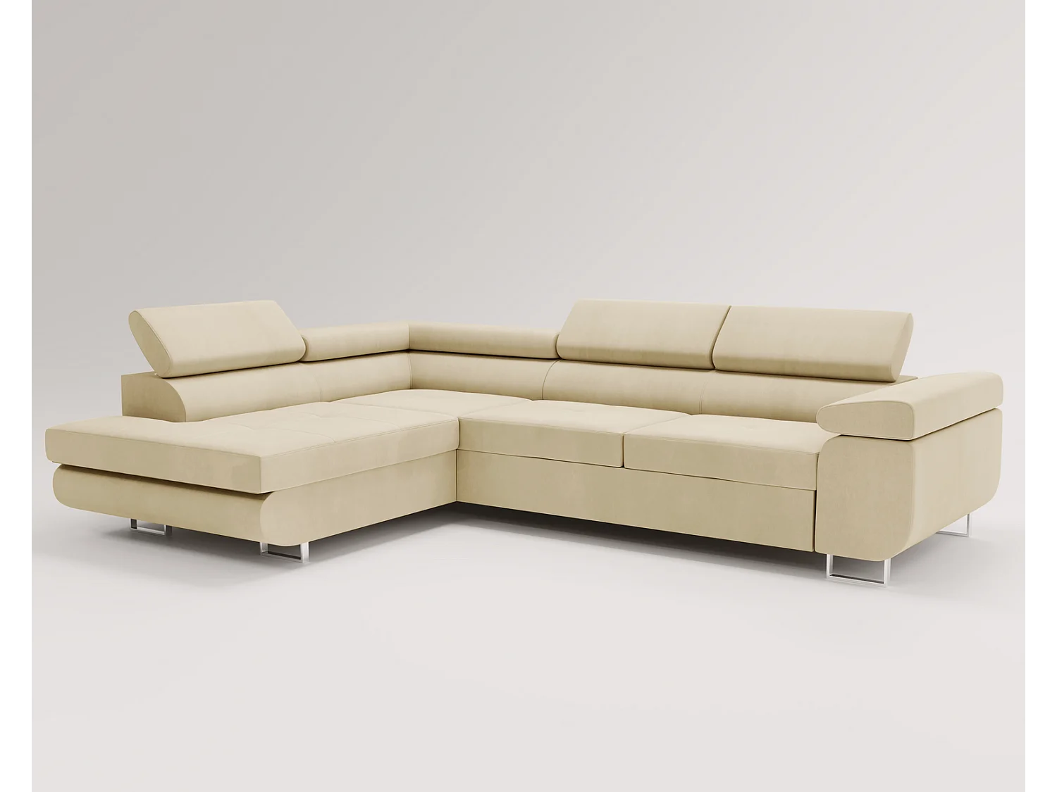 Emporius Sorlo narożnik z funkcją spania i pojemnikiem - regulowane zagłówki, lewostronny, tkanina aksamitna, wanilia (Amor Velvet 4323)