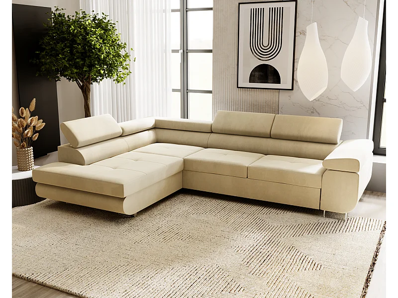 Emporius Sorlo Links Ecksofa mit Schlaffunktion - Eckcouch mit Bettkasten, Sofa L-Form Vanille (Amor Velvet 4323)