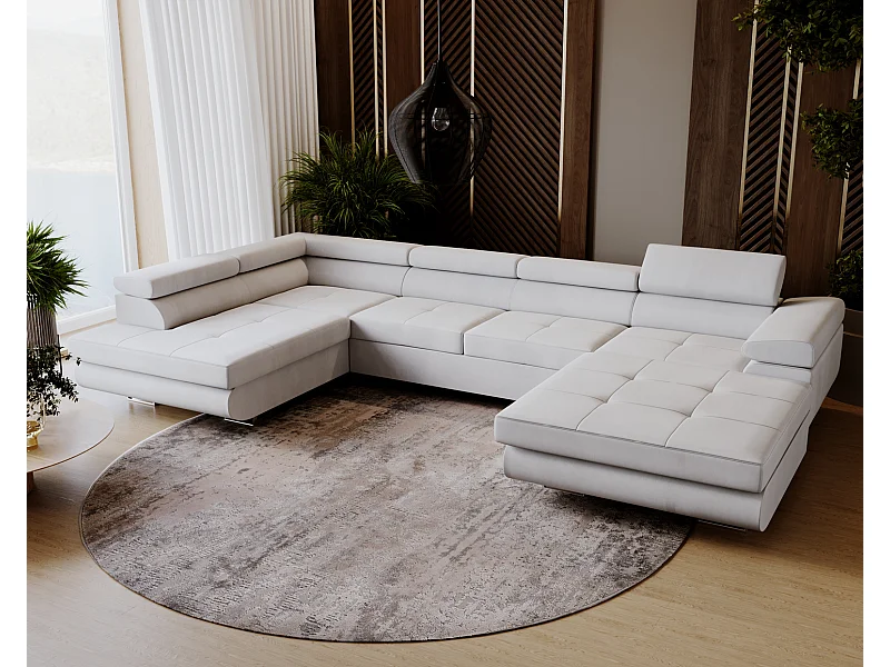 Emporius Sorlo U duży narożnik do salonu - funkcja spania, pojemnik, regulowane zagłówki - lewostronny, tkanina aksamitna, jasny szary (Amor Velvet 4318)