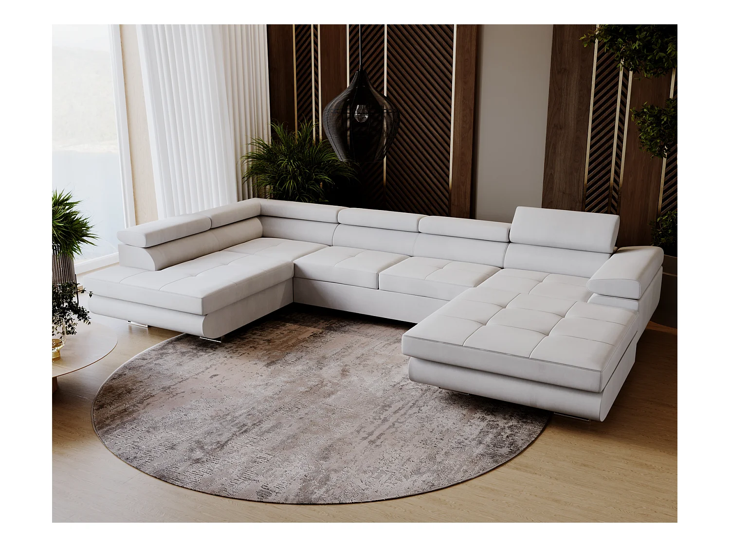 Emporius Sorlo U Gauche Canapé d'angle Convertible, Canapé avec Coffre de Rangement, têtières réglables - Canapé d'angle U Gris clair (Amor Velvet 4318)