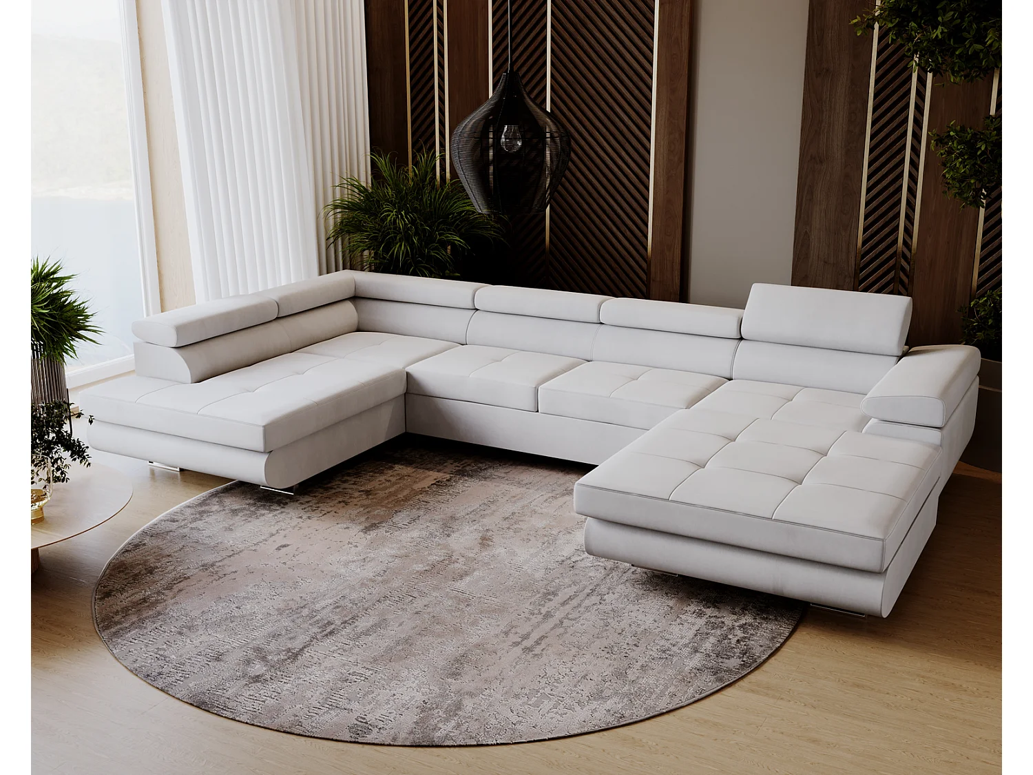 Emporius Sorlo U Links Ecksofa U-Form, Eckcouch mit Schlaffunktion, Bettkasten - Hellgrau (Amor Velvet 4318)