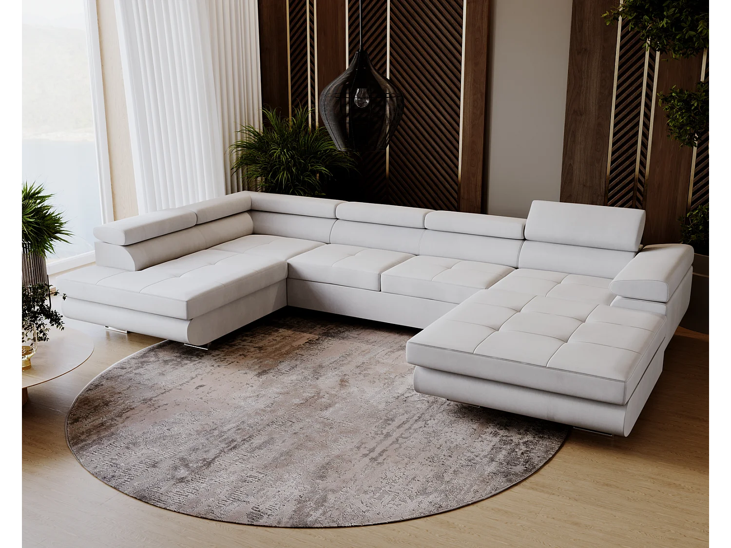 Emporius Sorlo U duży narożnik do salonu - funkcja spania, pojemnik, regulowane zagłówki - lewostronny, tkanina aksamitna, jasny szary (Amor Velvet 4318)