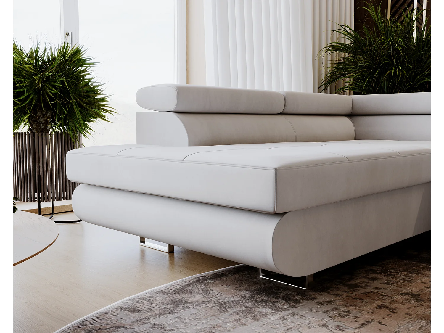 Emporius Sorlo U duży narożnik do salonu - funkcja spania, pojemnik, regulowane zagłówki - lewostronny, tkanina aksamitna, jasny szary (Amor Velvet 4318)