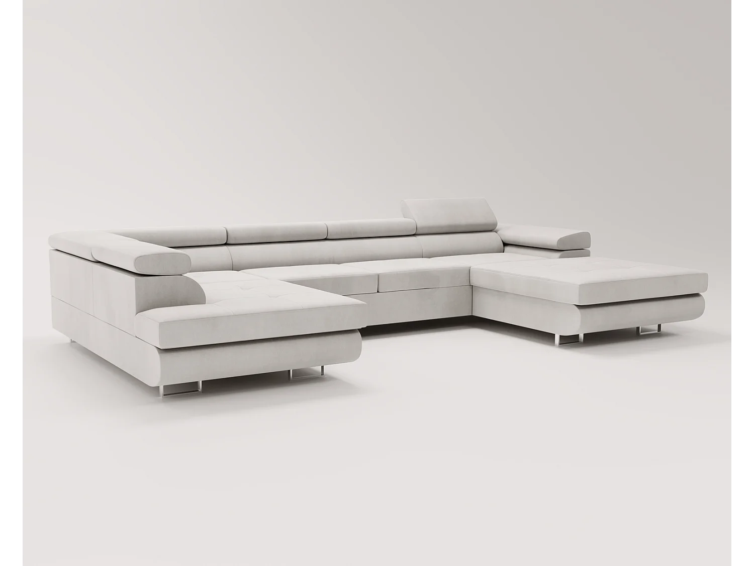 Emporius Sorlo U duży narożnik do salonu - funkcja spania, pojemnik, regulowane zagłówki - lewostronny, tkanina aksamitna, jasny szary (Amor Velvet 4318)