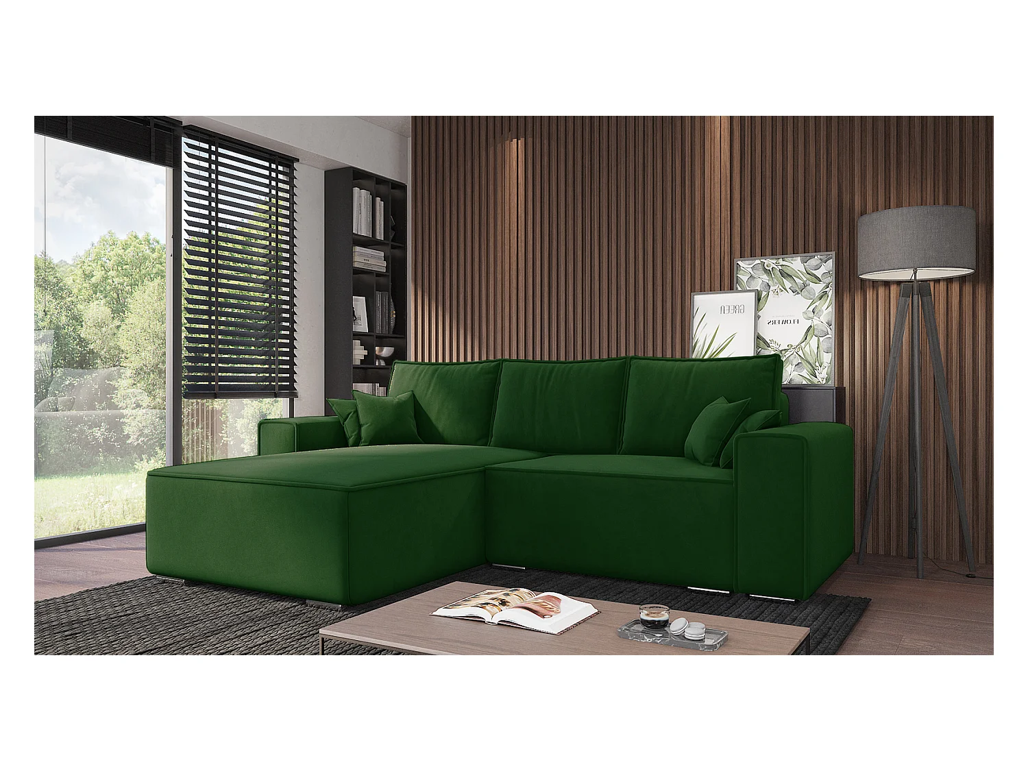 Emporius Lora Gauche Canapé d'angle avec Coffre de Rangement - Canapé d'angle Convertible Vert (Amor Velvet 4311)